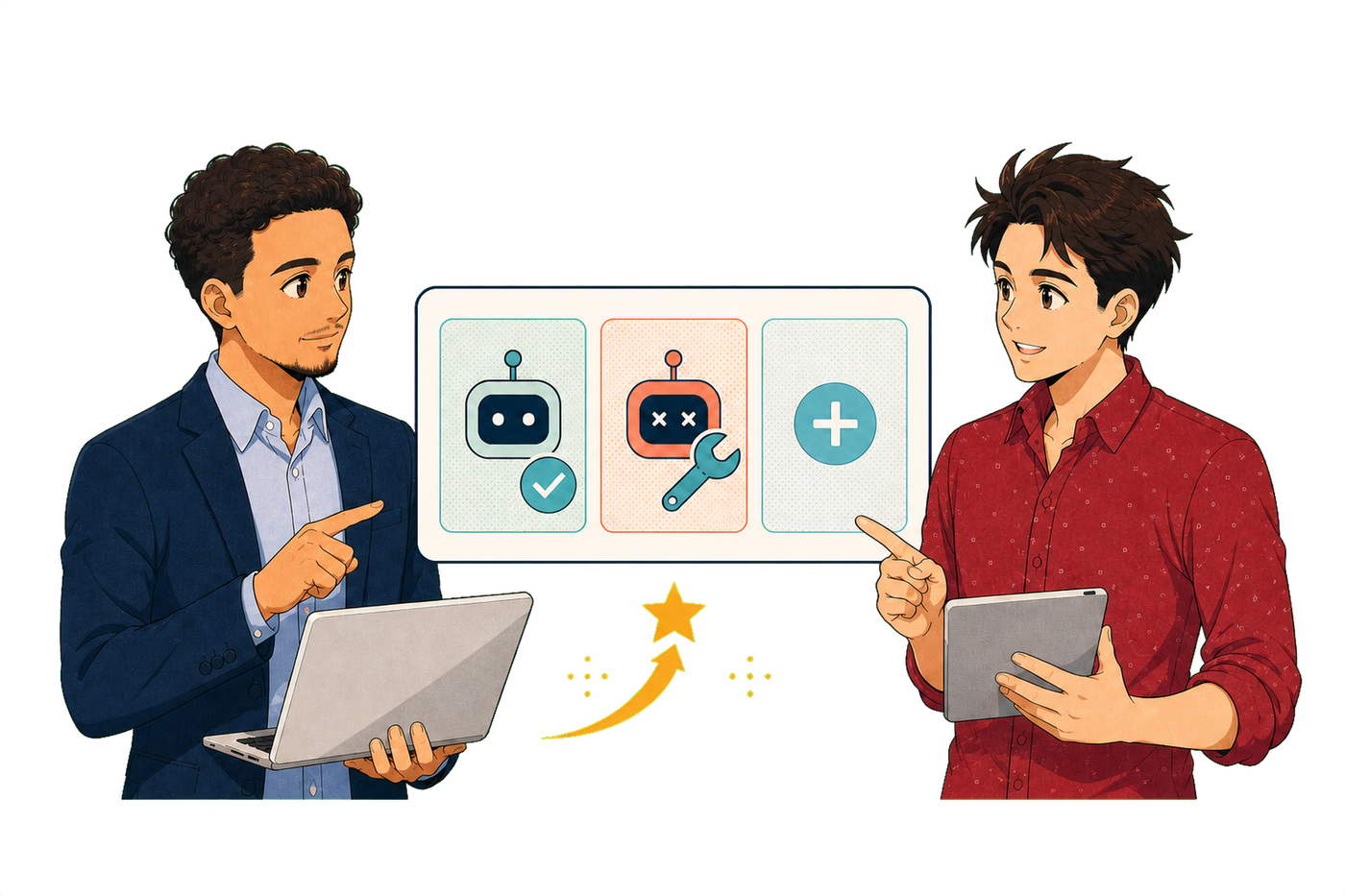 Guadalupe and client reviewing active, failed, and future agents in a managed portfolio