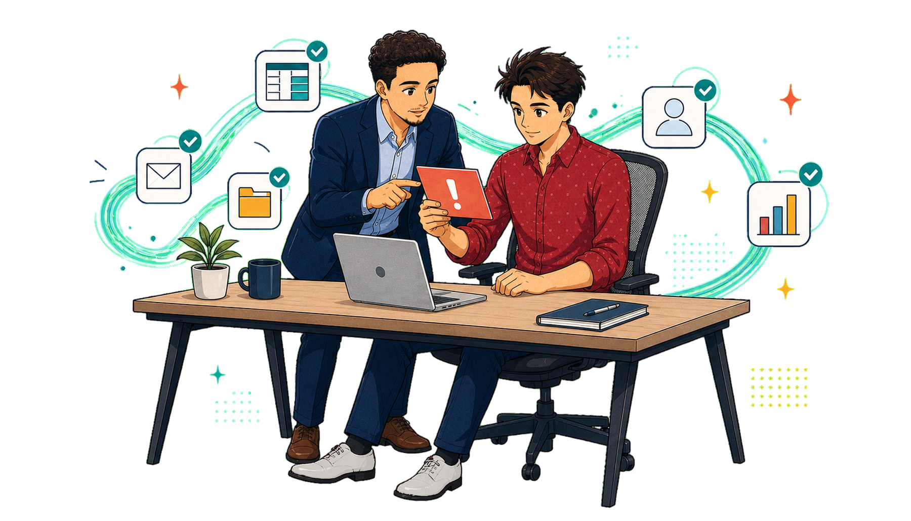 Two business collaborators reviewing work connected across email, spreadsheets, documents, contacts, and reporting