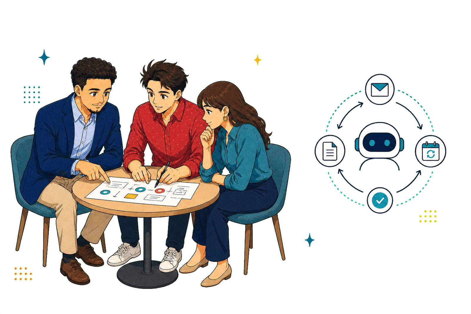Team planning work while an agent manages documents, email, schedules, and completed tasks